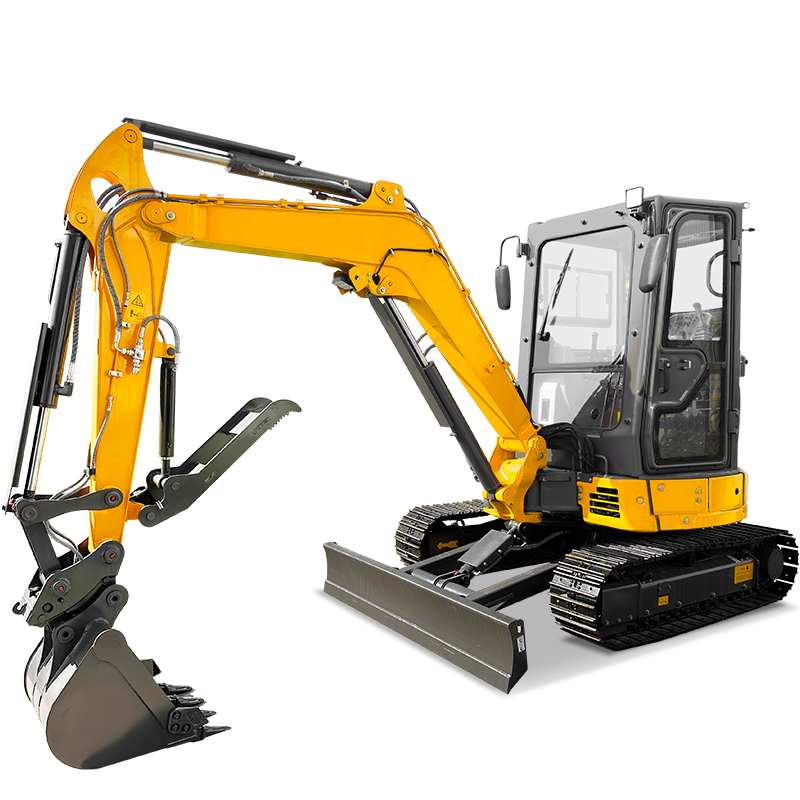 Huayee HY35C mini excavator, studio shot with hydraulic thumb attachment